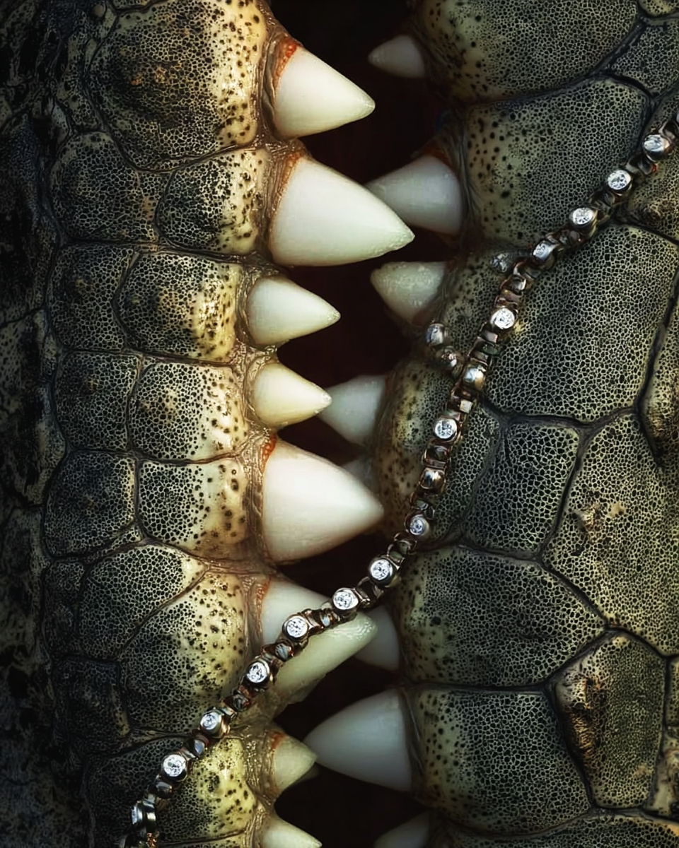 Close-up of crocodile or alligator jaws showing sharp teeth and textured skin, adorned with a bejeweled chain.