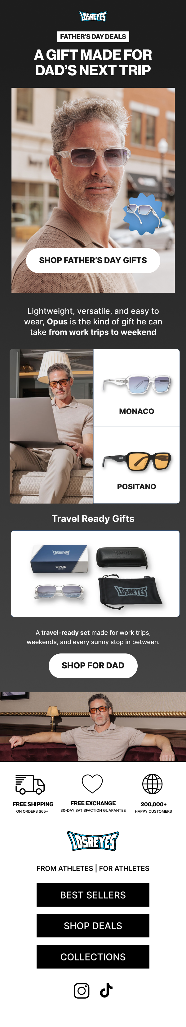An advertisement for Father's Day gifts featuring stylish sunglasses, travel accessories, and a man wearing sunglasses.