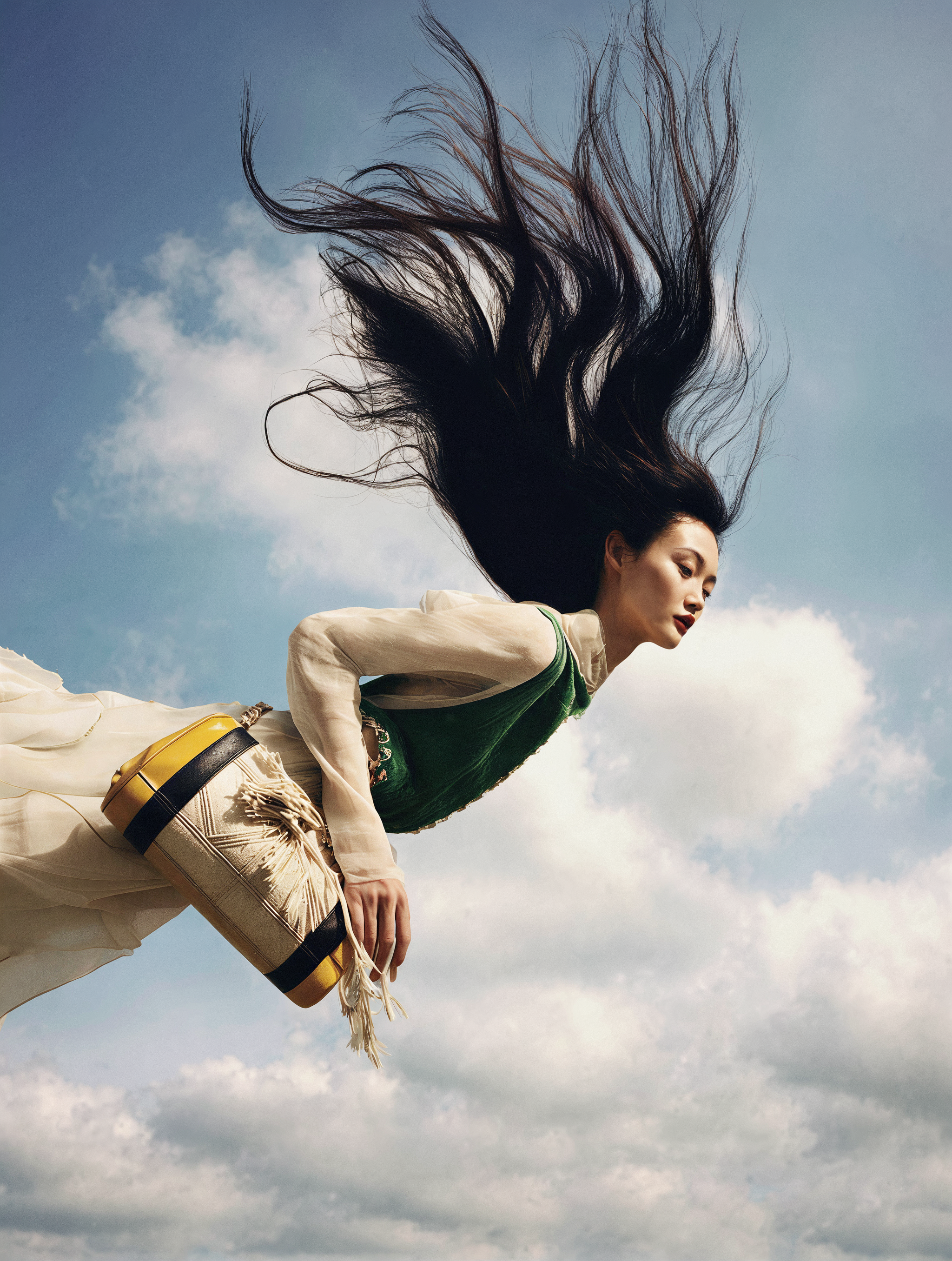 A woman with long black hair flowing upward against a cloudy sky.