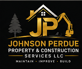 Logo for Johnson Perdue Property & Construction Services LLC featuring a tree, a house outline, and construction equipment with text.