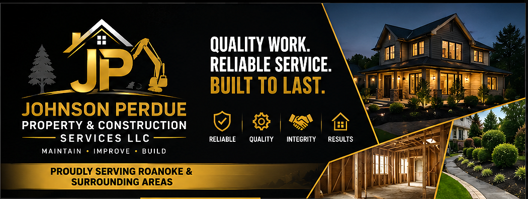 Construction company advertisement featuring a house and building projects, with text highlighting services and qualities like reliability, quality, and integrity.