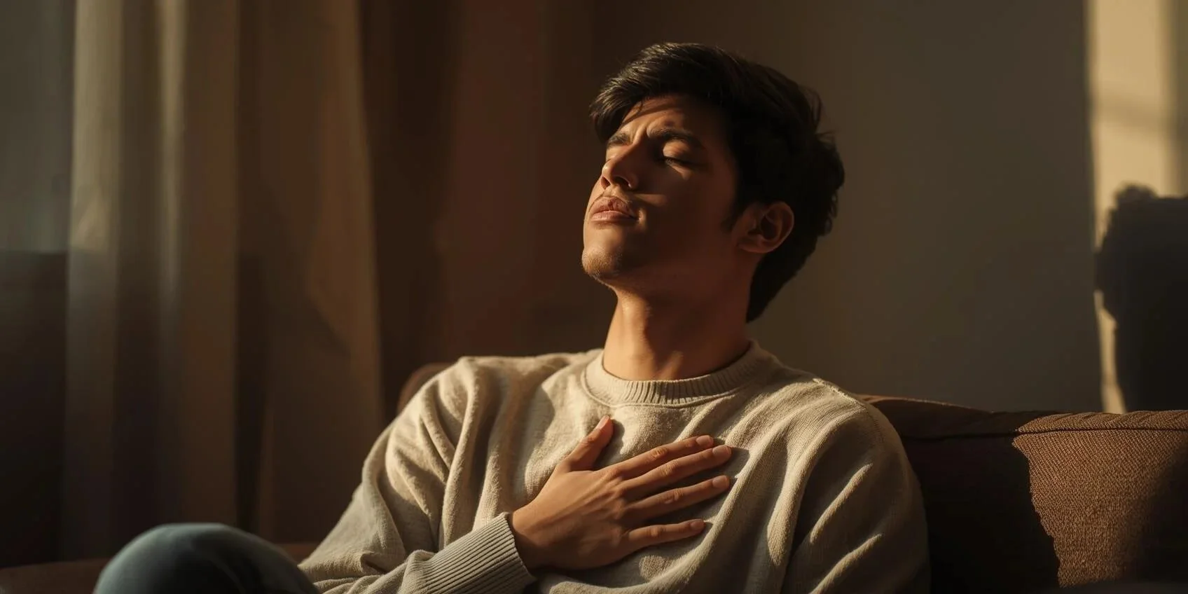 young adult male with hand on chest figuring out if he is having anxiety or a panic attack