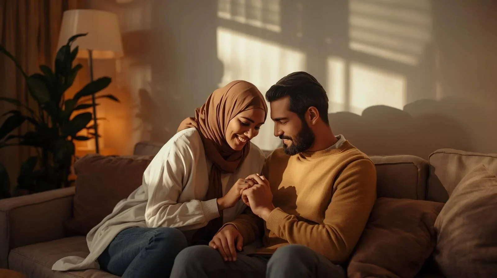 middle eastern couple snuggling on the couch supporting each other through depression and anxiety