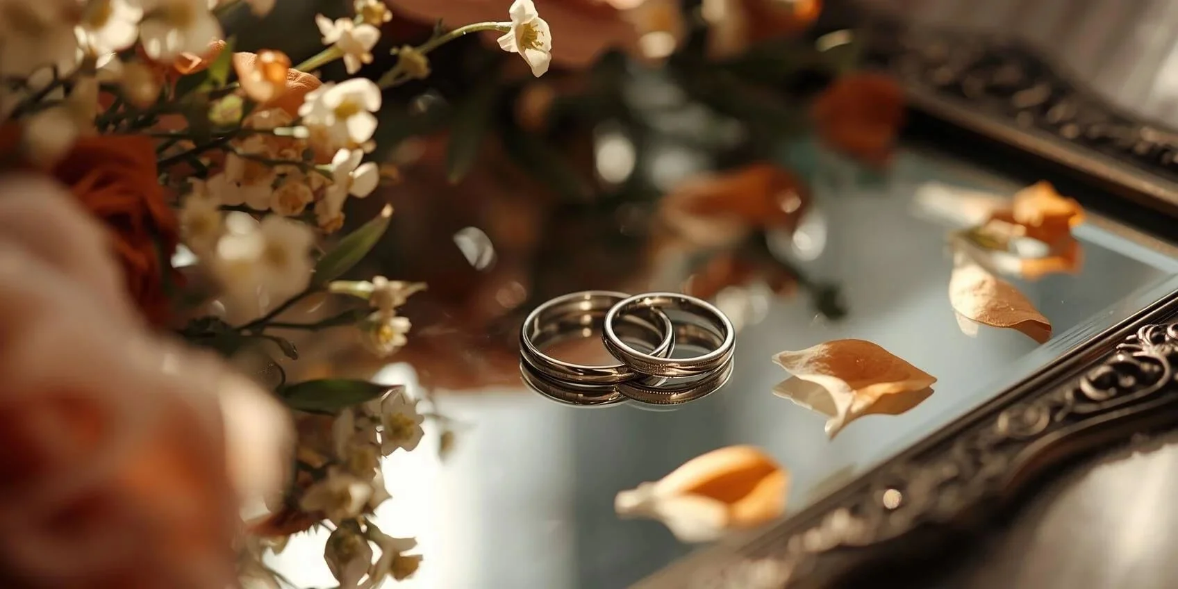 wedding rings on a glass display to symbolize unity after asking questions for premarital counseling