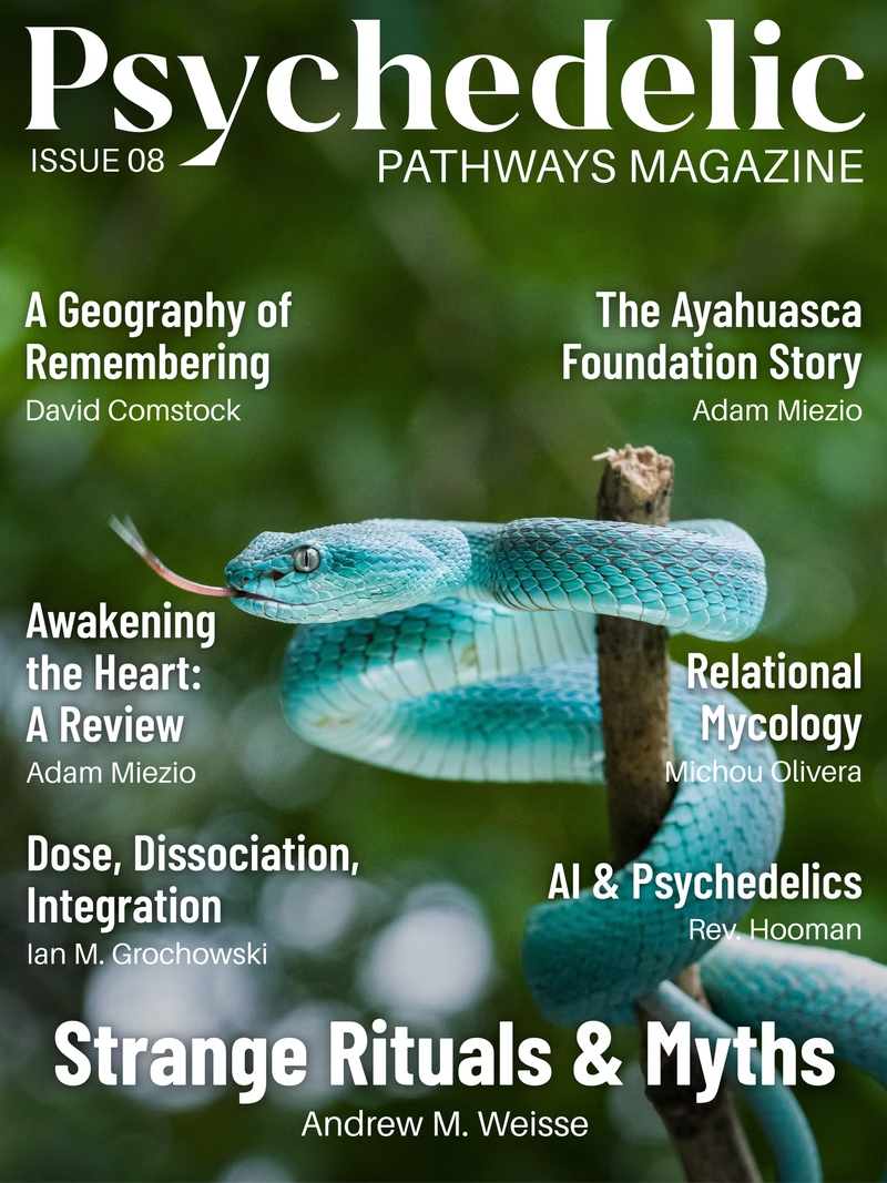 Issue 8 of Psychedelic Pathways Magazine's 8th issue. The cover features a photograph of a green snake on a branch, tying into the issue's themes around psychedelics and rituals.