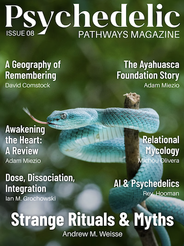 Psychedelic Pathways Magazine Issue 8 cover with a featured article titled Strange Rituals & Myths. There's a photograph of a green snake on a branch, and image that symbolically ties into the themes of the featured article.