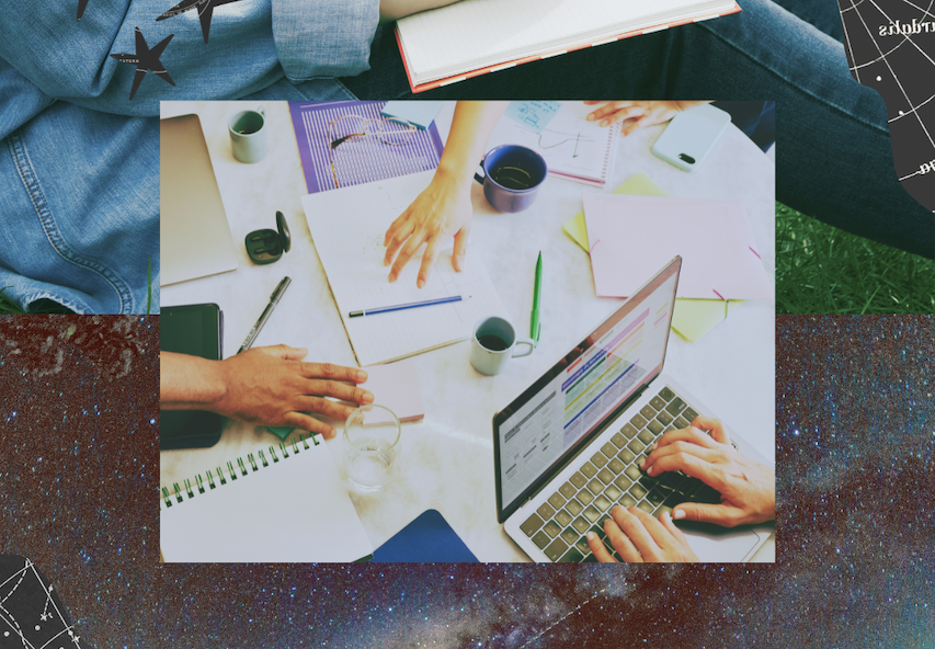 A graphic collage showing people collaborating on a project together, showing a depiction of the Psychedelic Pathways Magazine team working together to produce our magazine