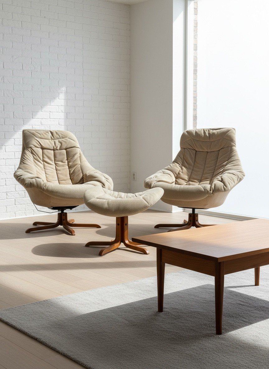 Pair of Danish mid-century lounge chairs with ottomans and teak coffee table in a bright minimalist room