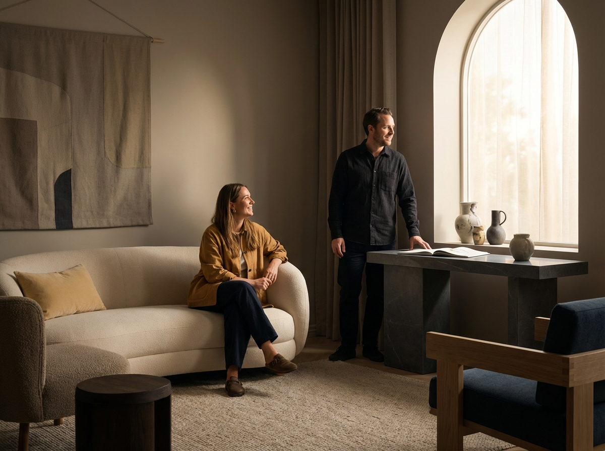 A man standing by a window and a woman sitting on a cream sofa in a modern living room with beige curtains and decorative vases on a table.