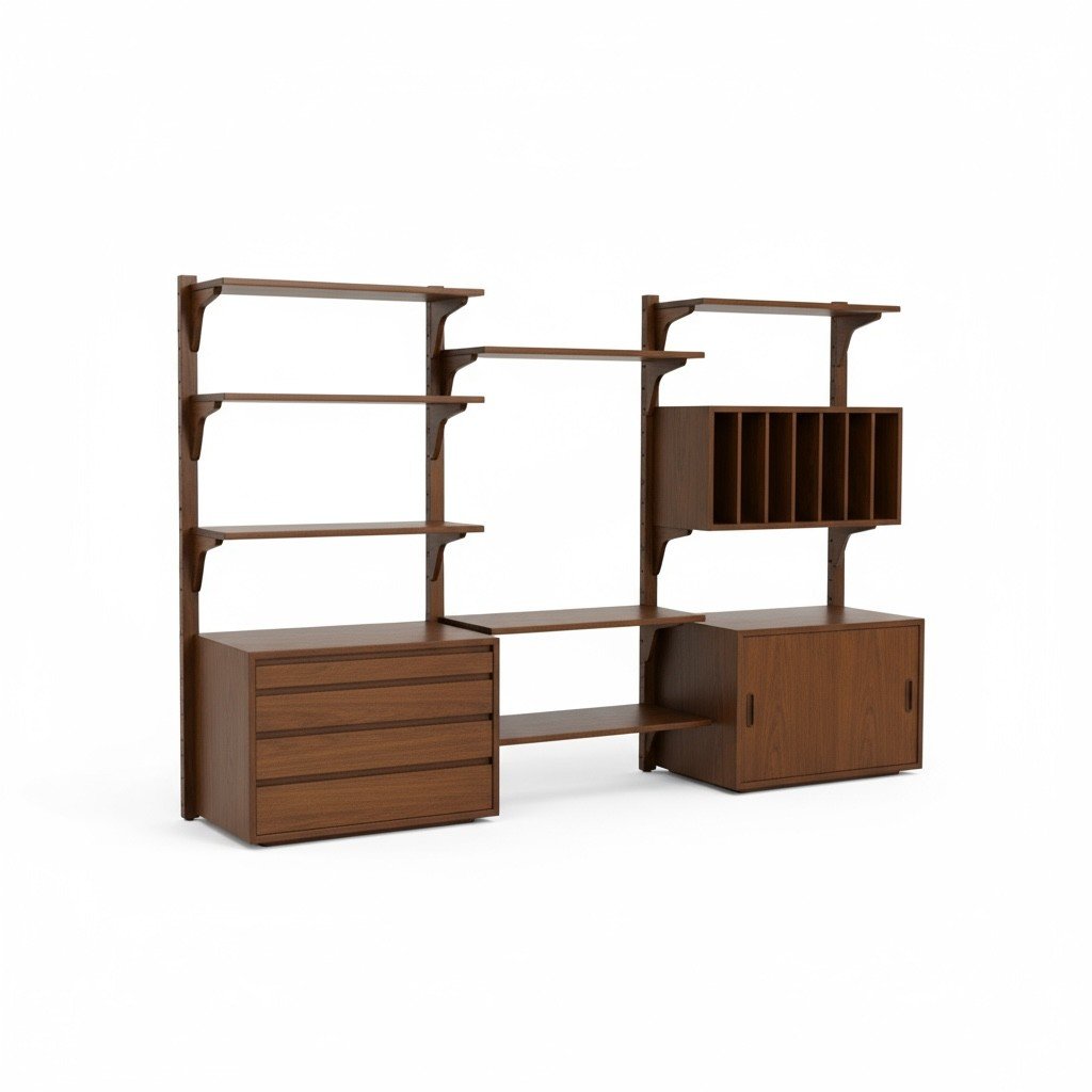 Danish walnut wall-mounted modular shelving unit with drawers and cubbies, mid-century modern