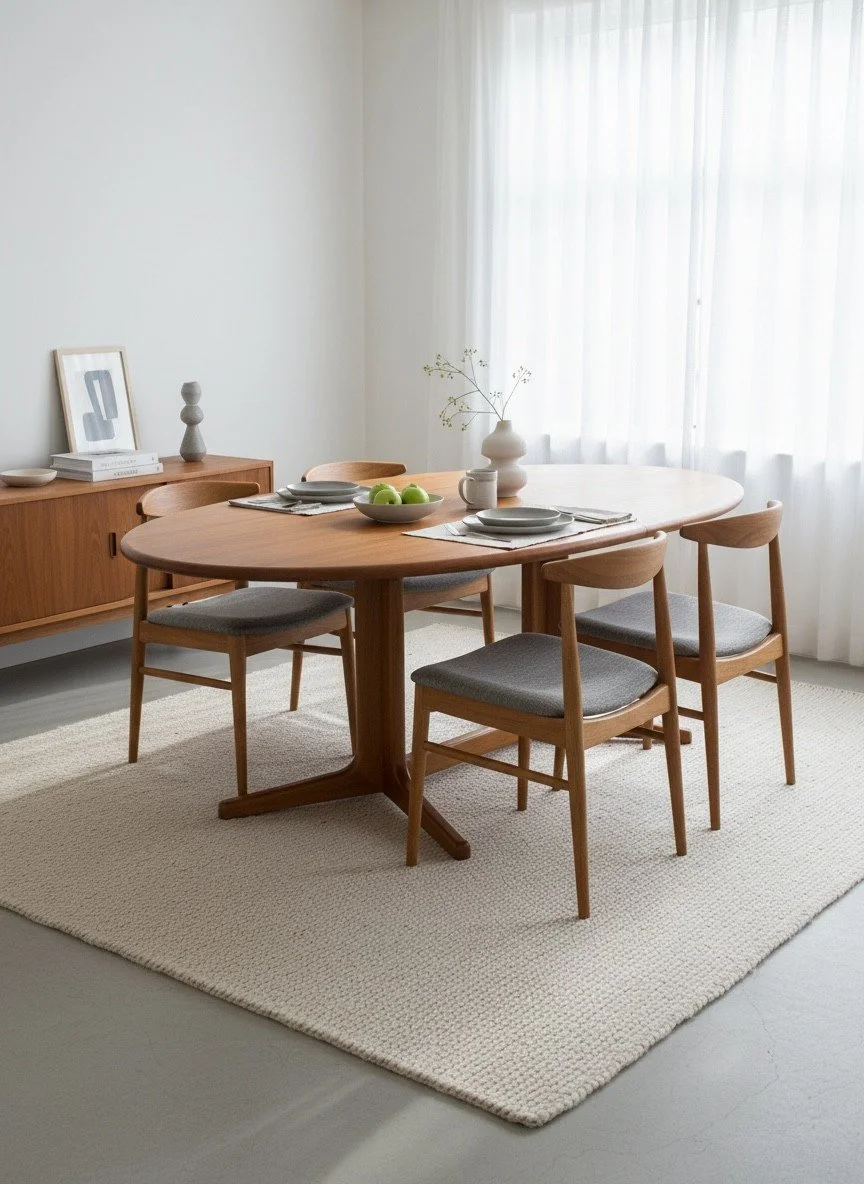 Danish mid-century oval dining table and chairs styled with ceramics and natural light