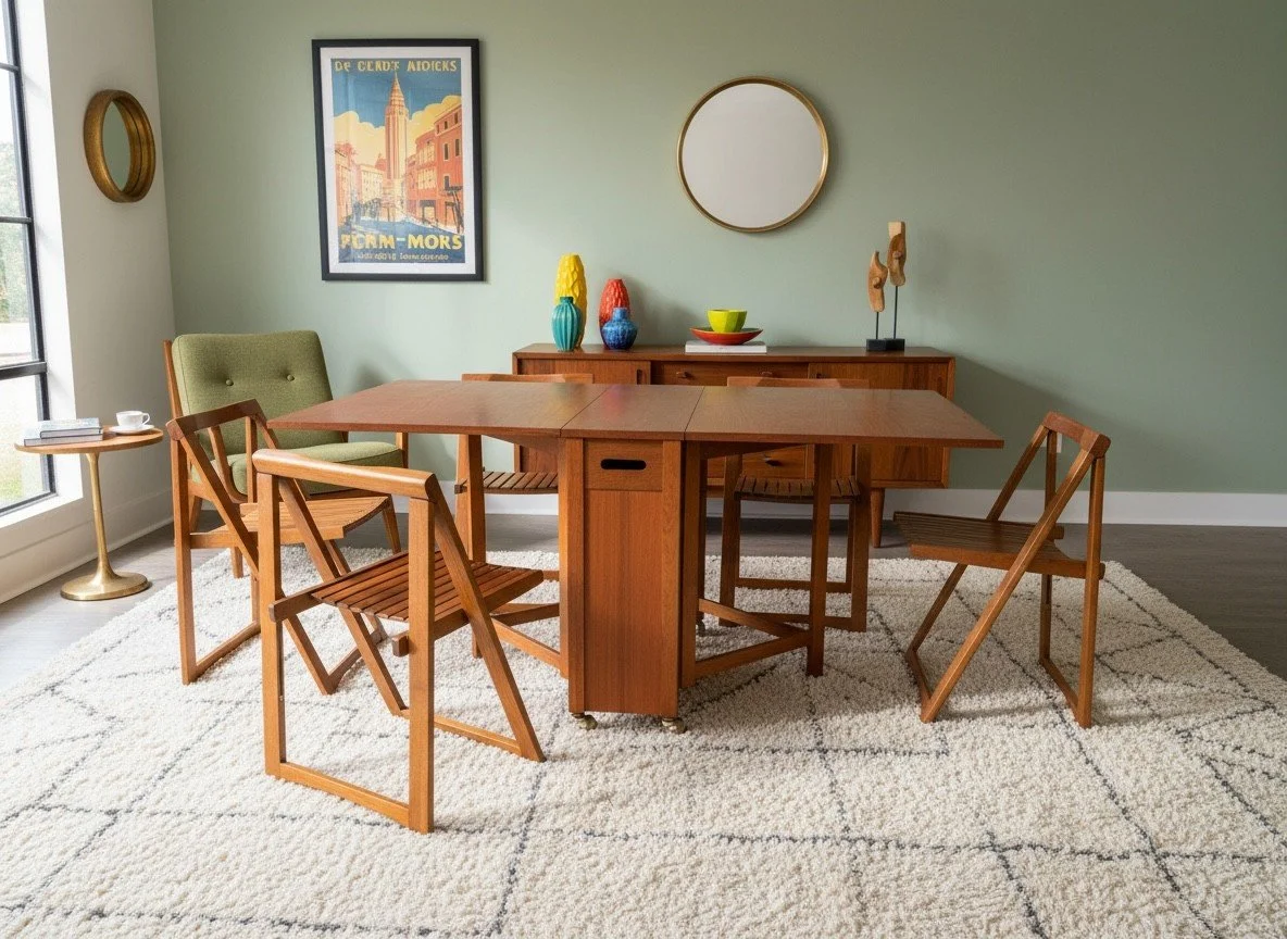 Aldo Jacober vintage hideaway dining set styled against a green wall with round mirror and ceramics