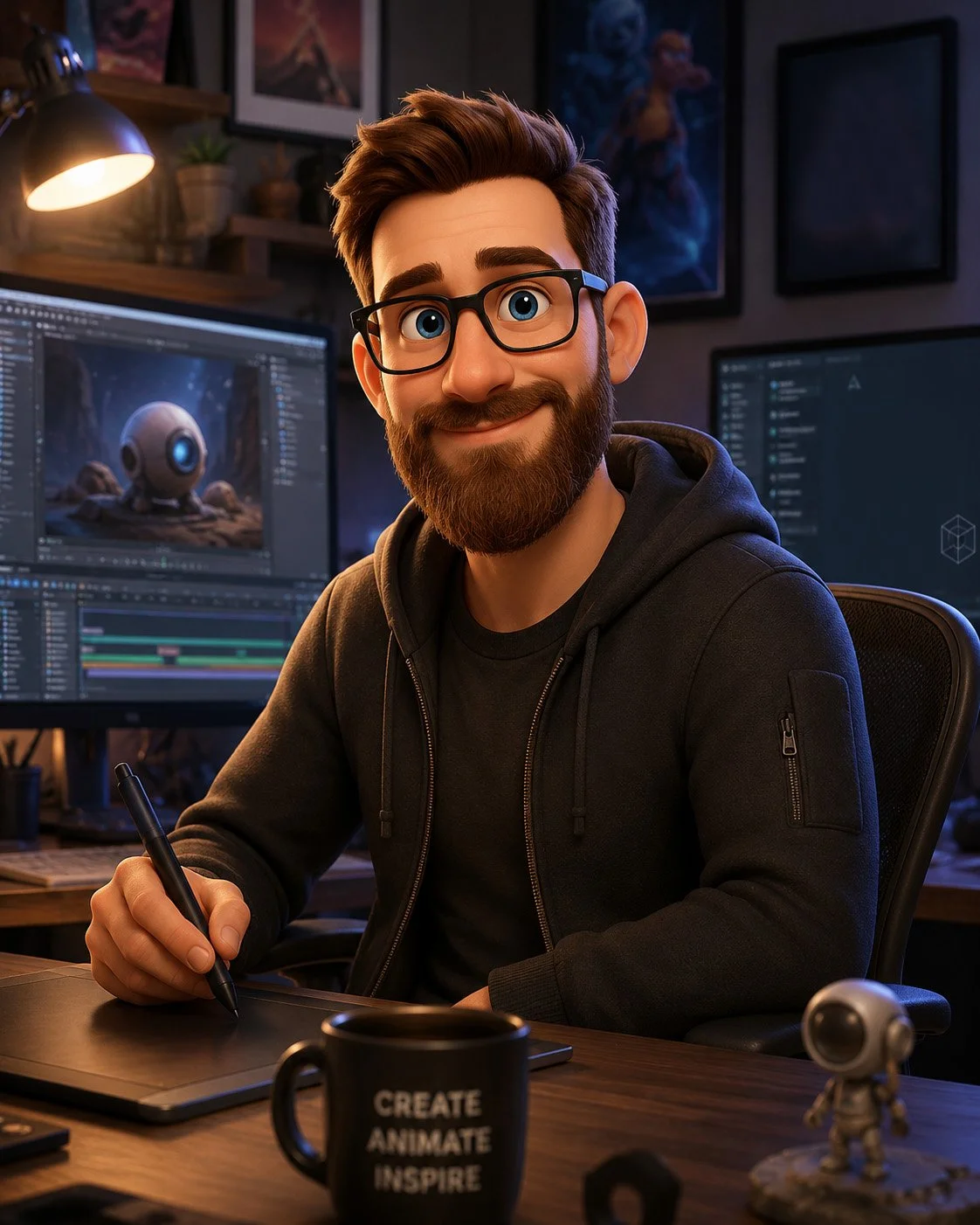 A man with brown hair, glasses, and a beard sitting at a desk, working on digital art or animation. He is smiling and holding a stylus over a graphic tablet. Behind him, there are two computer monitors displaying animated scenes, and the desk has a coffee mug with the words "Create, Animate, Inspire". The background features framed artwork and a small robot figurine on the desk.