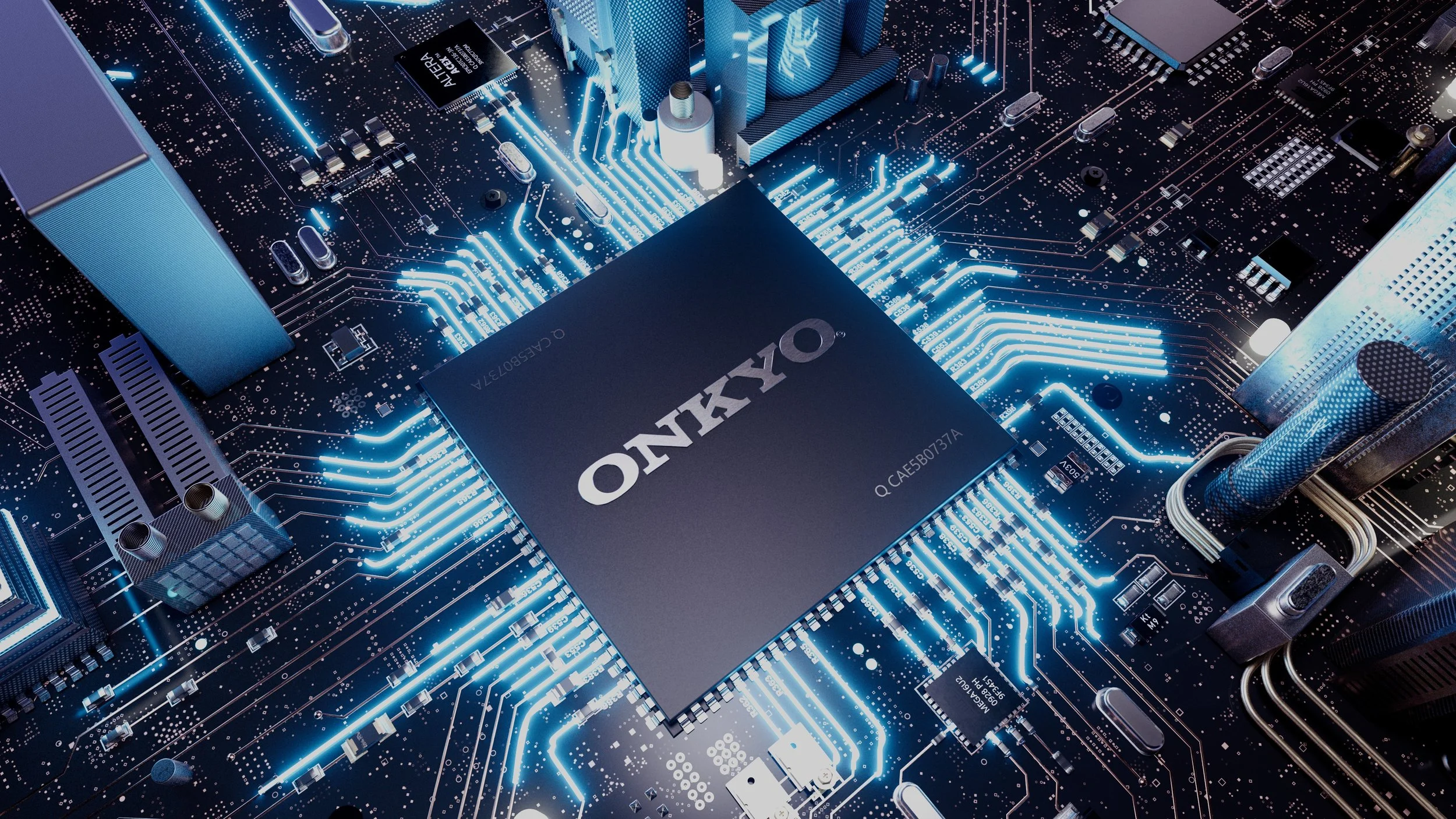 Close-up of a computer motherboard with illuminated blue circuitry, a large black chip labeled 'OAXY,' and various electronic components.