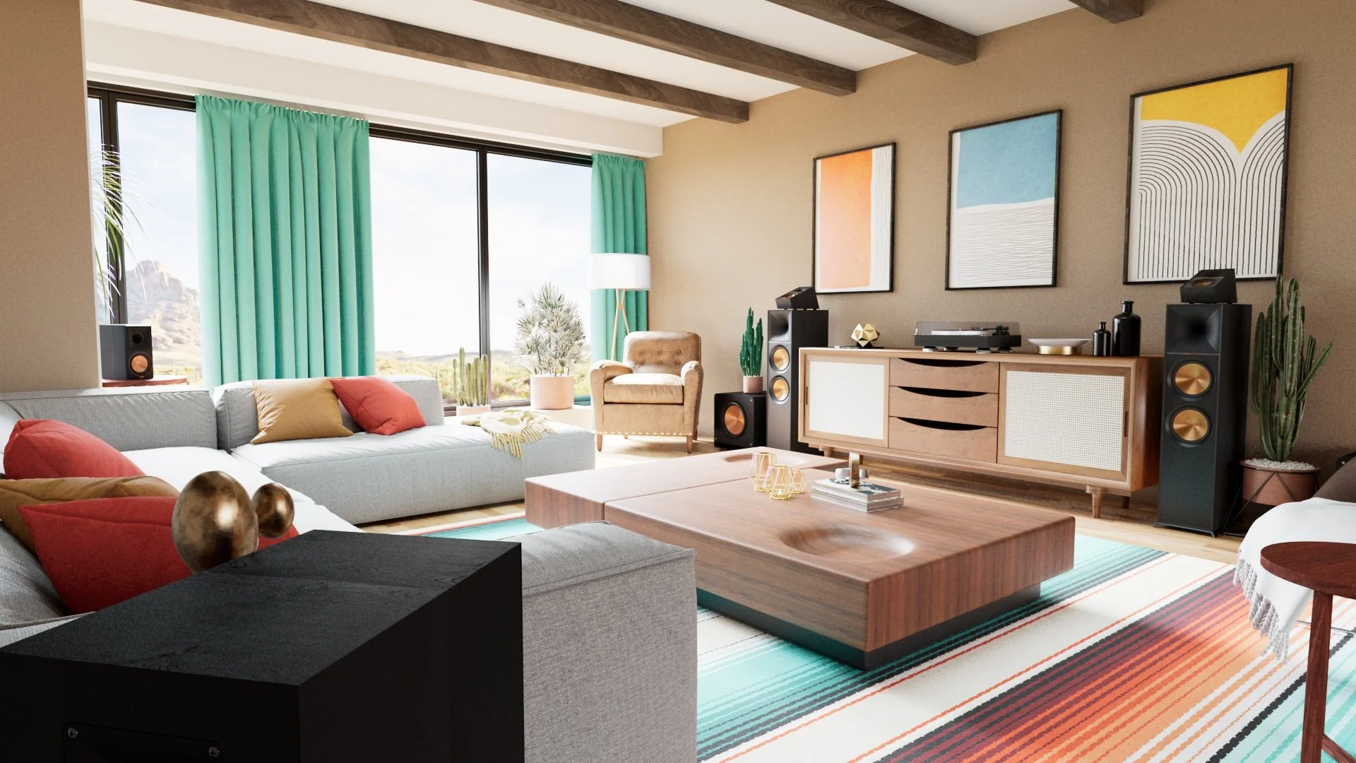 Bright living room with large window, colorful curtains, modern artwork, and mid-century furniture, including a gray sofa with red and gold pillows, a beige armchair, a wooden coffee table, and a sideboard with stereo equipment.
