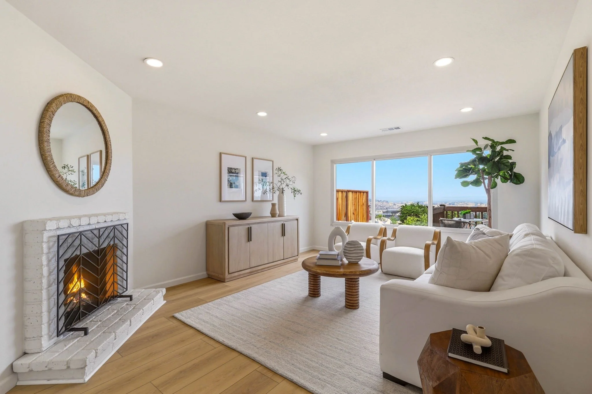Updated Living Room with Fireplace and Views