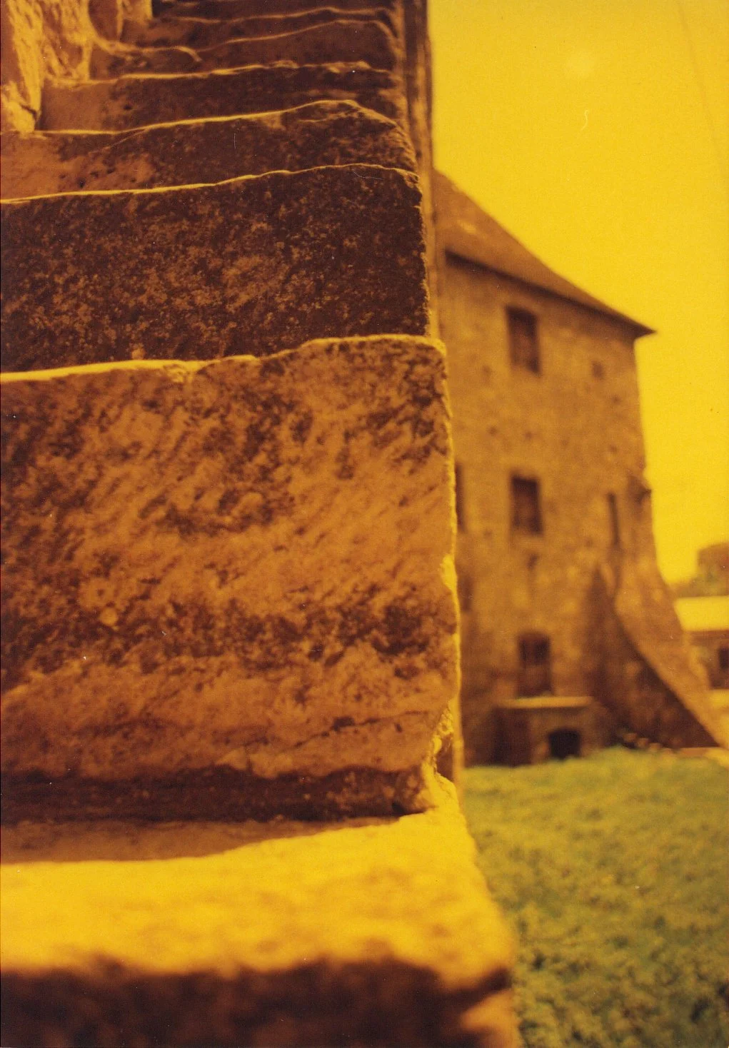Close-up of a brick wall with a house in the background, illuminated by yellowish street lighting at night.