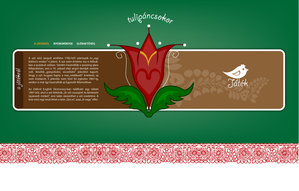 A colorful informational banner in Hungarian about tulip flowers, featuring an illustration of a tulip with green leaves, a brown background with a white bird icon, and a red decorative border at the bottom.
