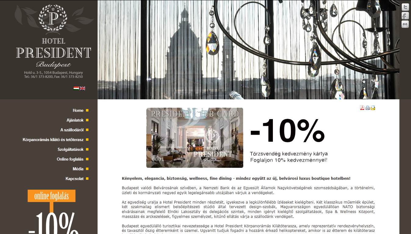 Hotel President Budapest promotional webpage with a chandelier, hotel lobby interior, and special offer of 10% discount with a club card.
