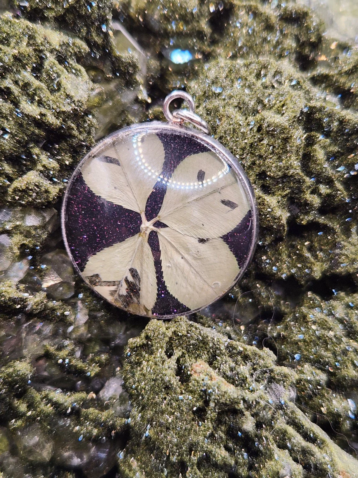 Pristine P003: real four-leaf clover pendant with purple glitter, shown on a crystal display. Display not included.