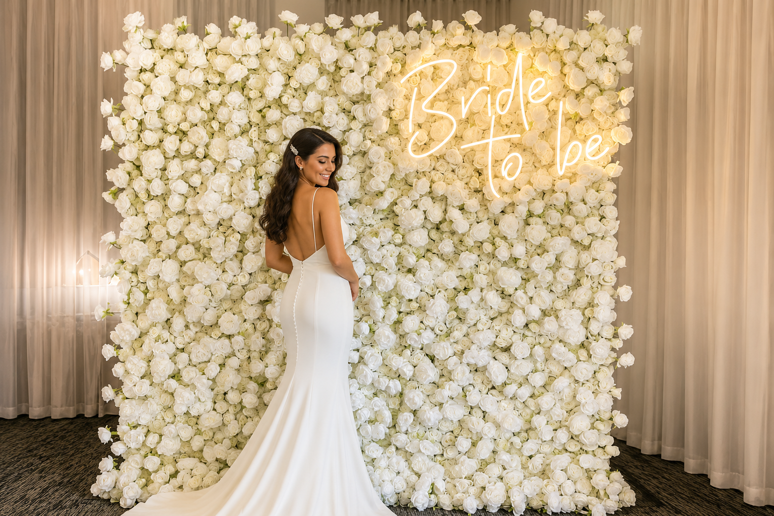 A bride in a white wedding dress with spaghetti straps and a long train, smiling with her eyes closed, standing in front of a floral wall decorated with white roses. The wall has a neon sign that reads 'Bride to be' in cursive.