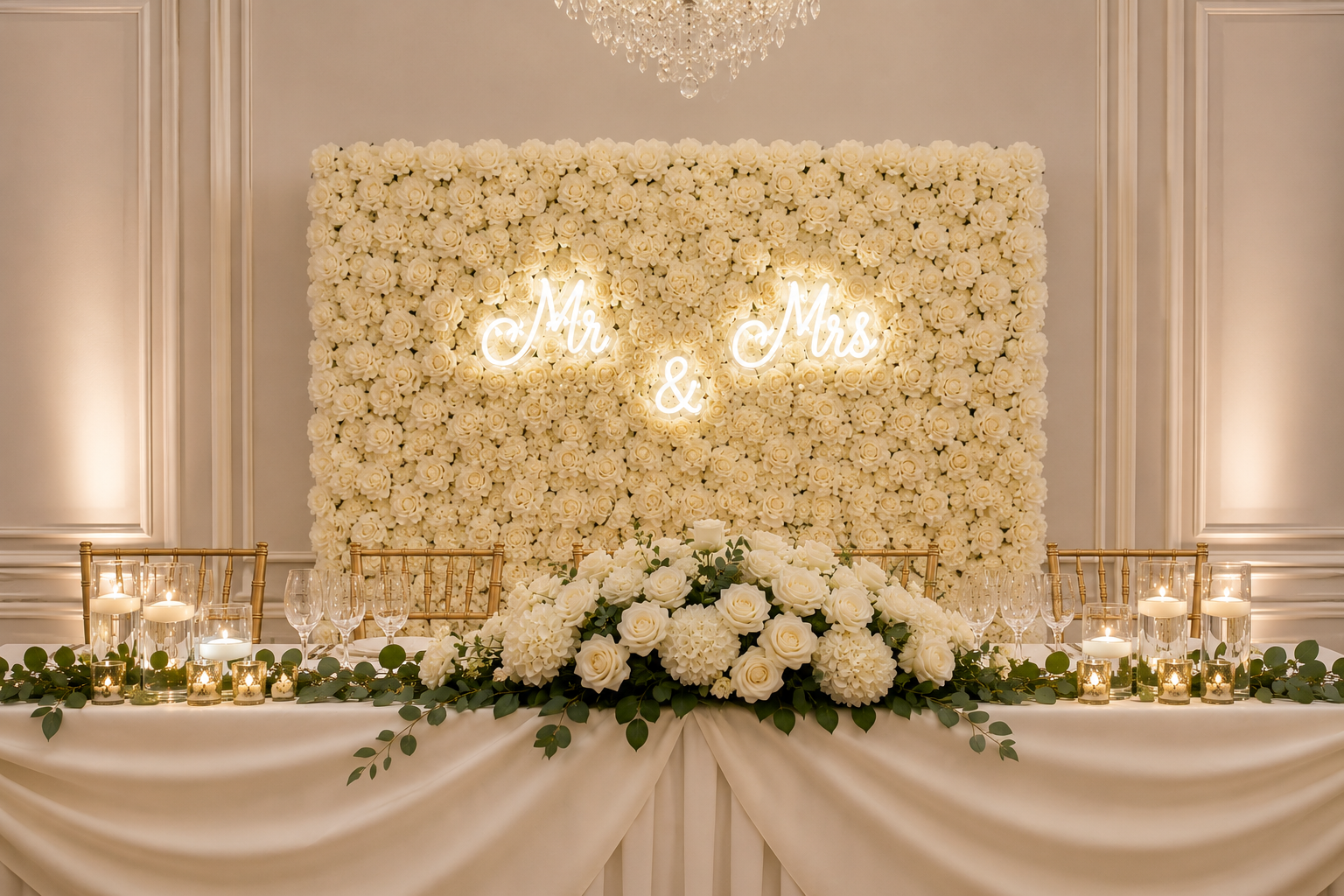 Wedding reception table with white roses and hydrangeas, gold chairs, candles, and a floral backdrop with 'Mr & Mrs' neon sign. Chicago events decor photo booth rental