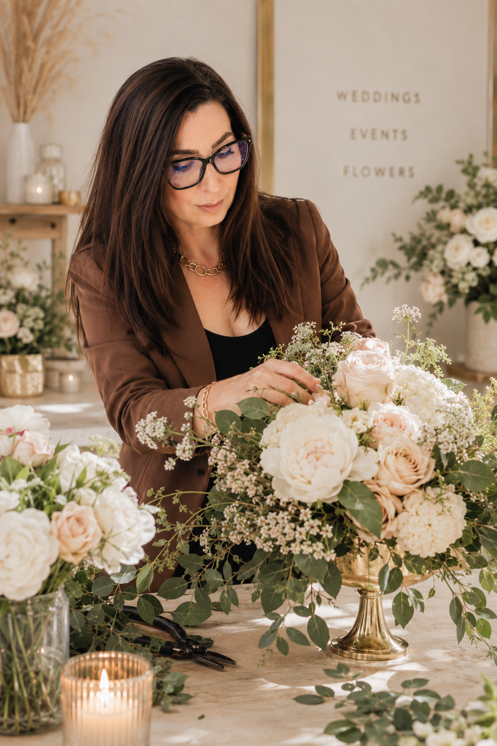 Woman arranging a floral bouquet at a table with various flowers and greenery, candle, and scissors, in a floral shop or studio.