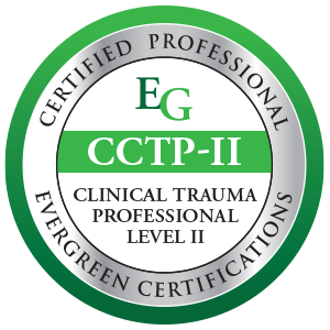 A circular badge or certification seal with green and white colors, indicating a Certified Trauma Professional Level II with Evergreen Certifications, including the designation CCTP-II.