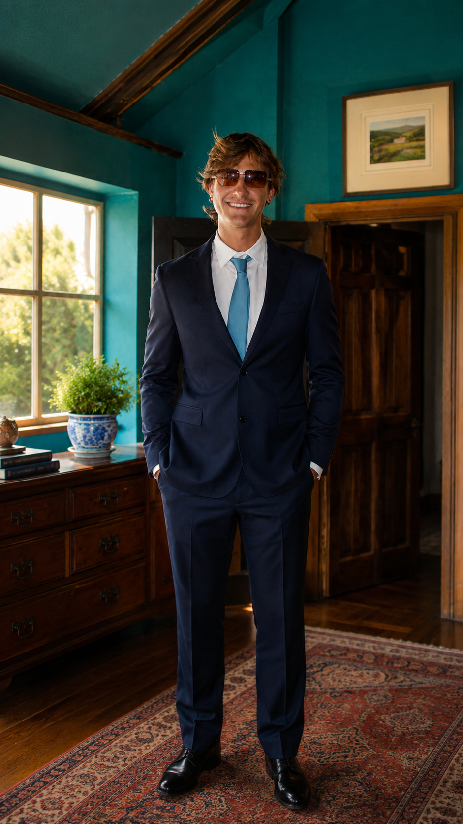 Uomo sorridente vestito con completo blu scuro, camicia bianca, cravatta azzurra e occhiali da sole, in una stanza con pareti azzurri e arredi in legno, vicino a una finestra con luce naturale.