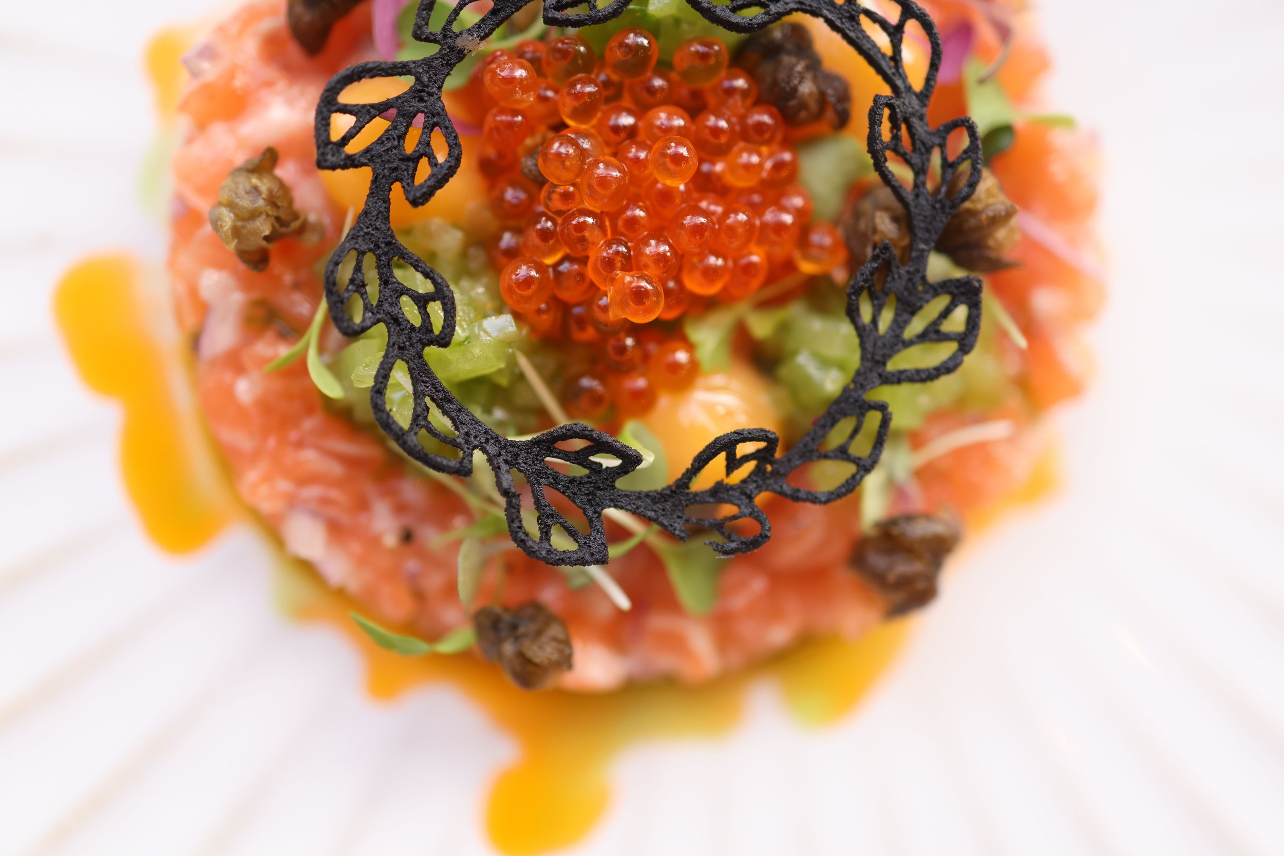 A close-up of a gourmet dish featuring salmon, caviar, microgreens, and decorative black lace-like edible garnish on a white plate.