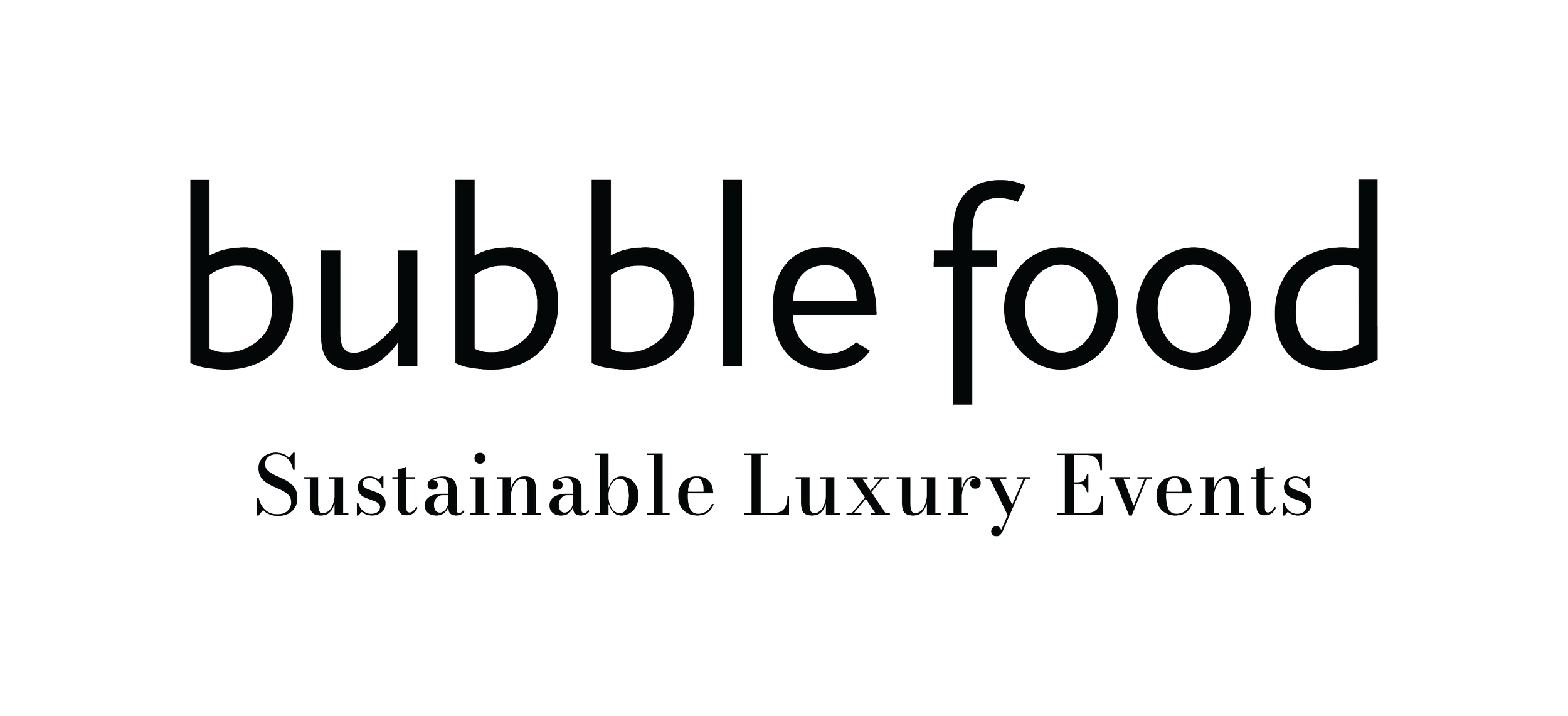 Logo for Bubble Food with the tagline 'Sustainable Luxury Events' in black on a transparent background.