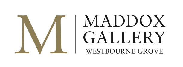 Logo for Maddox Gallery Westbourne Grove featuring a large gold letter 'M' and the gallery's name in black text.