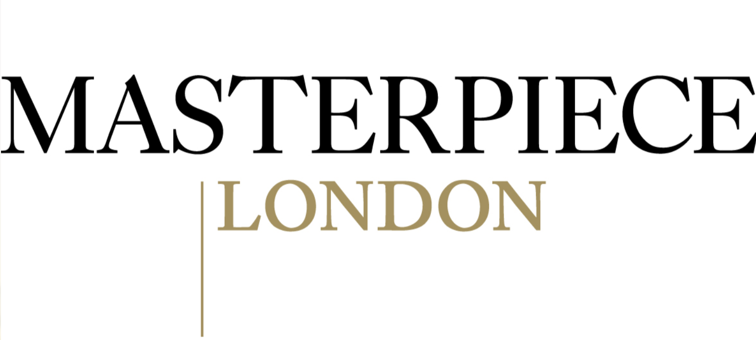 Text reading 'Masterpiece London' with 'Masterpiece' in large black font and 'London' in smaller, gold-colored font.