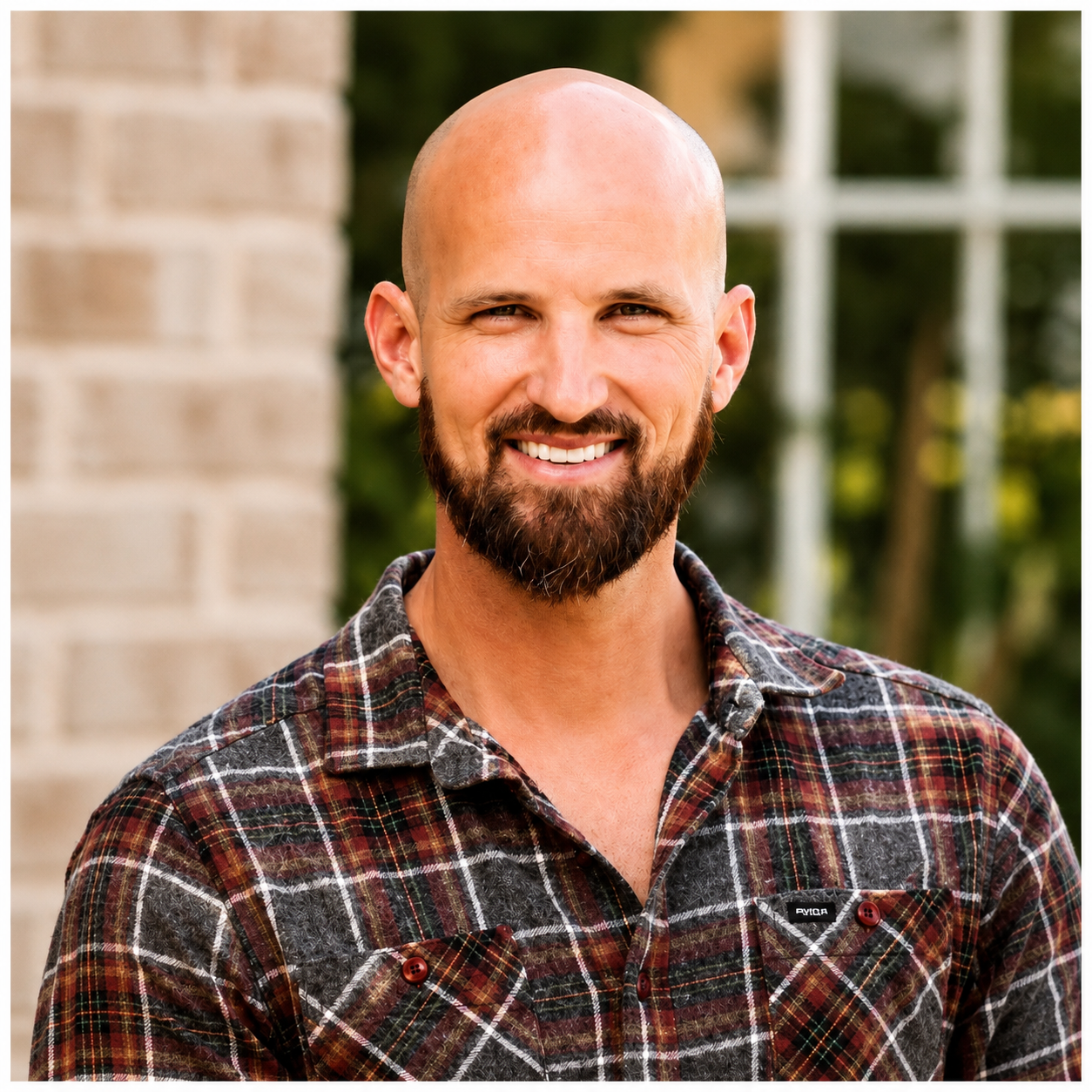 A smiling bald man with a beard wearing a plaid shirt standing outdoors with a brick wall and greenery in the background.