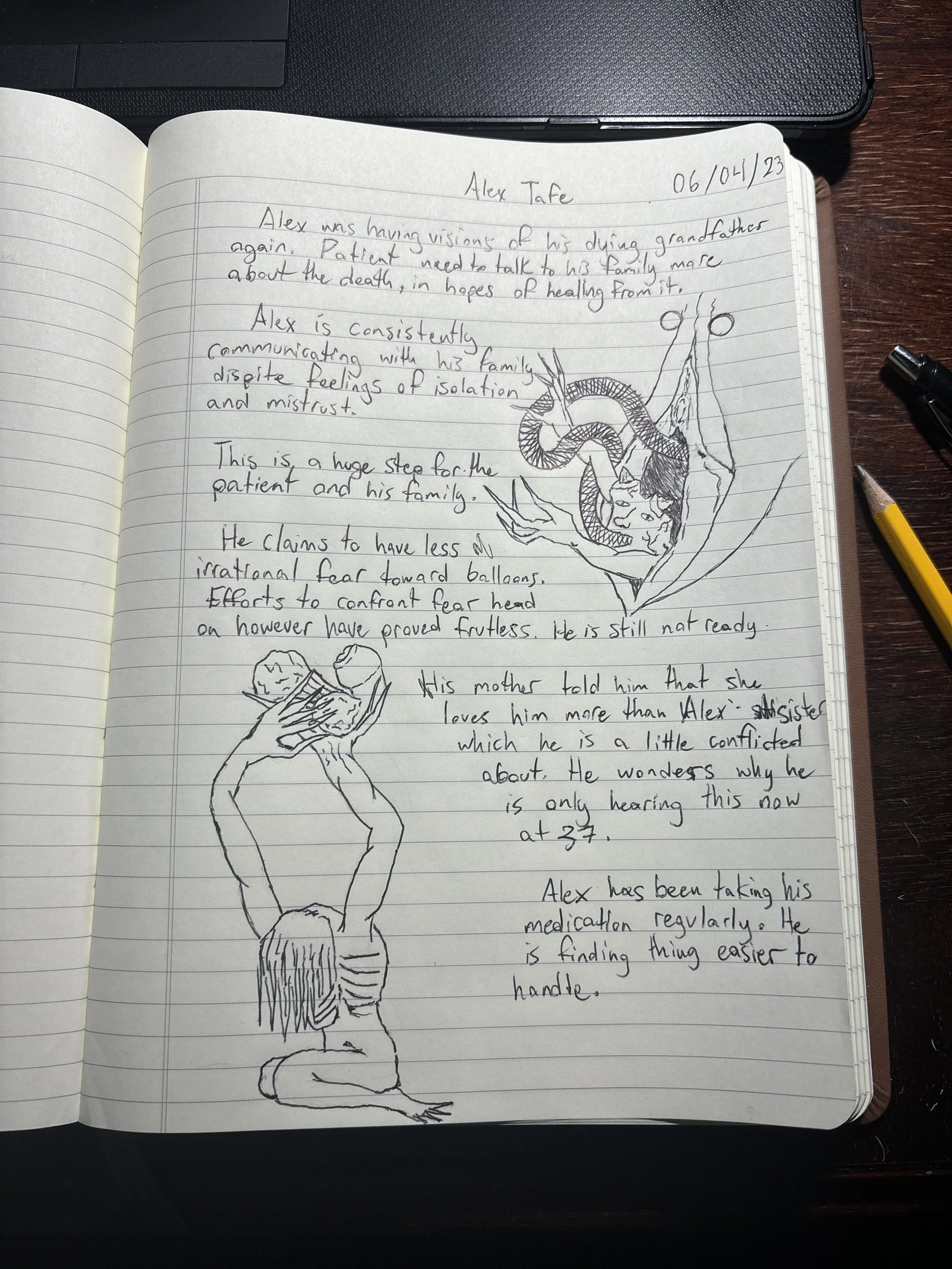 A notebook open to a page with handwritten notes and a simple line drawing of a person kneeling with their head down, raising one arm with a fist, and another arm holding a rectangular object. The notes discuss a person named Alex and include a date 