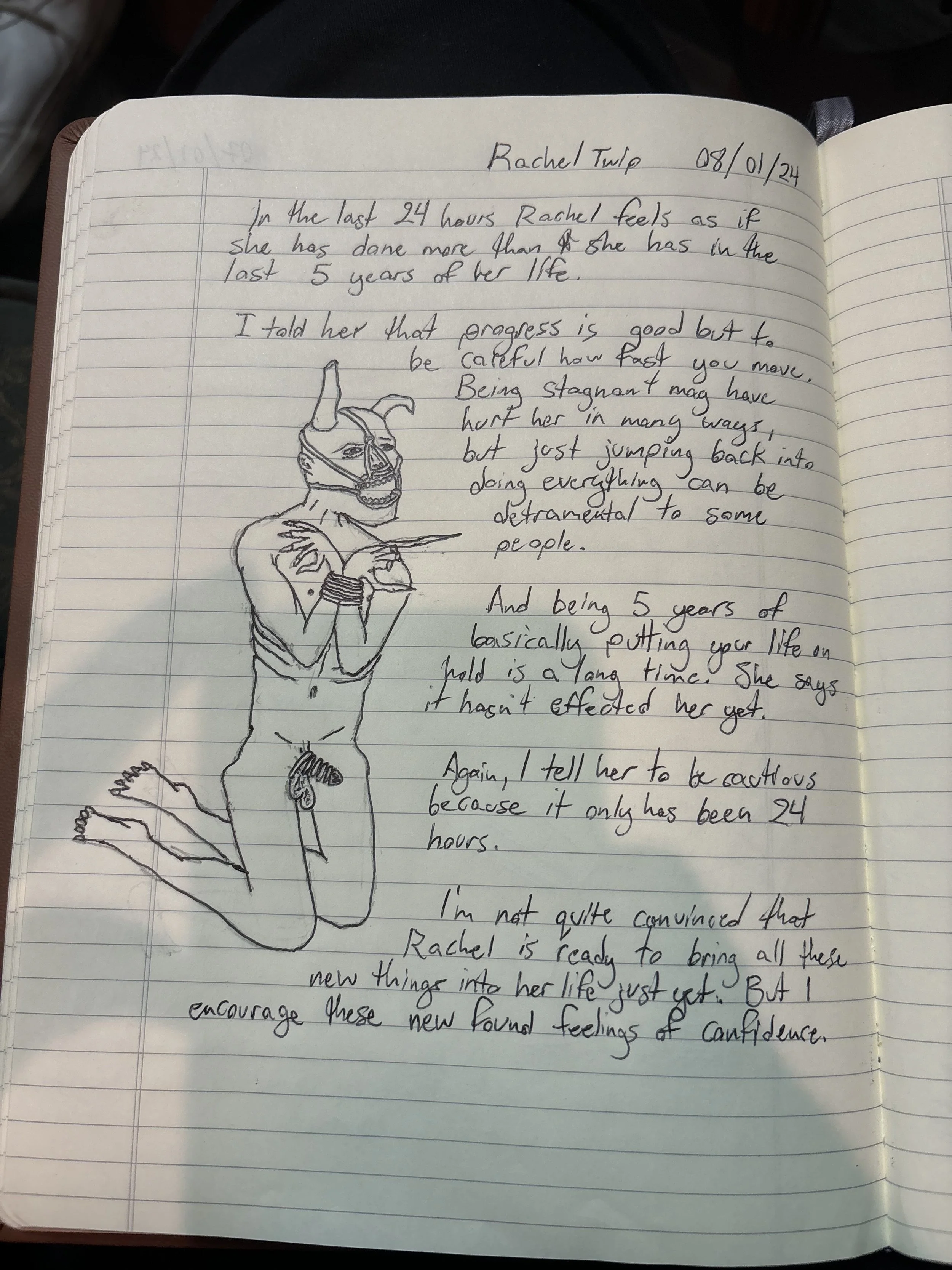 A handwritten journal entry dated August 1, 2024, by Rachel Tulip, with a sketch of a person with a horned mask, showing their shoulders and arms, and detailed facial features on the mask.