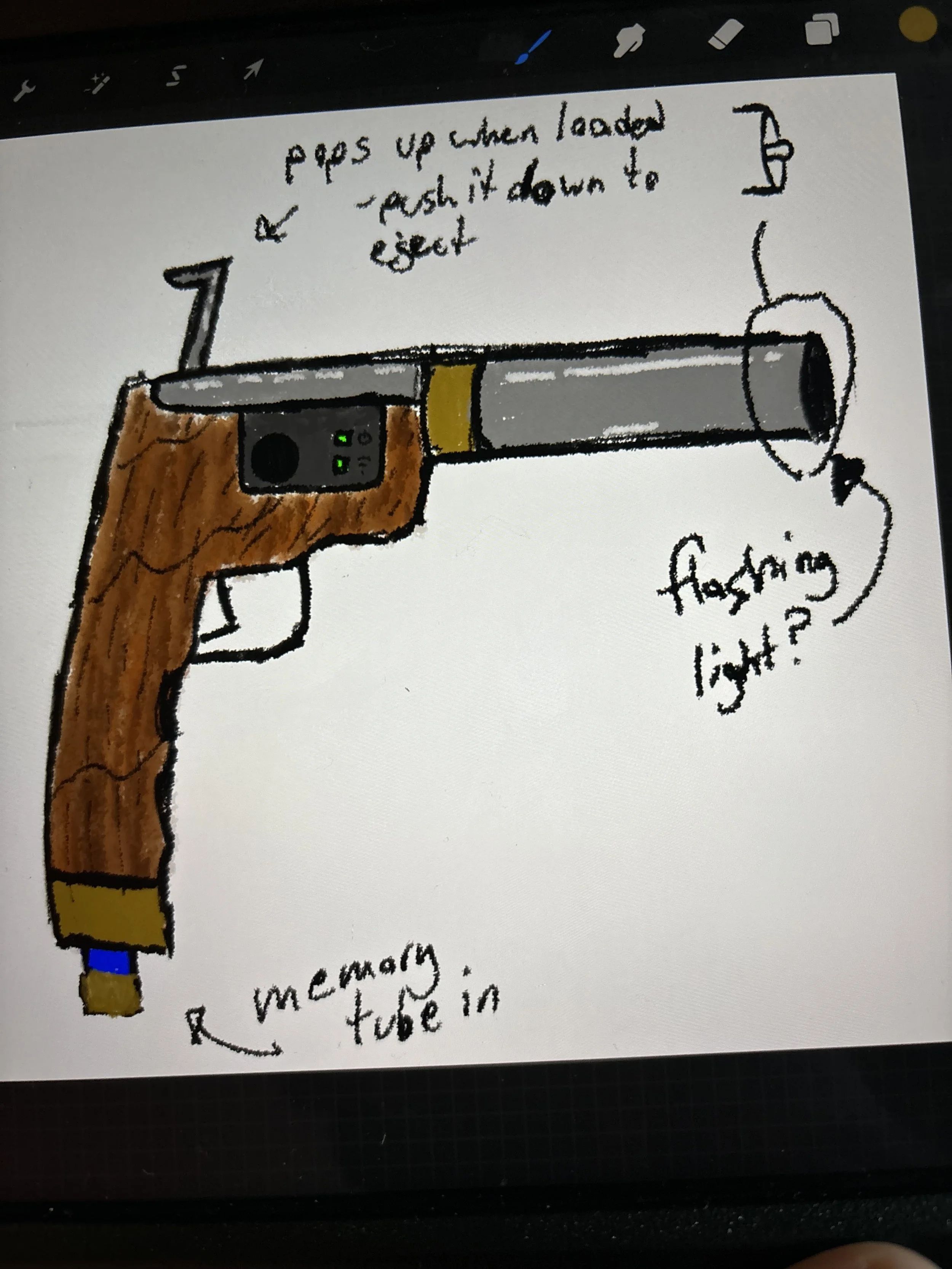 Diagram of a handgun with handwritten notes describing parts and functions, including a trigger, a tube in the magazine, and an explanation about pushing the tube up when loaded.