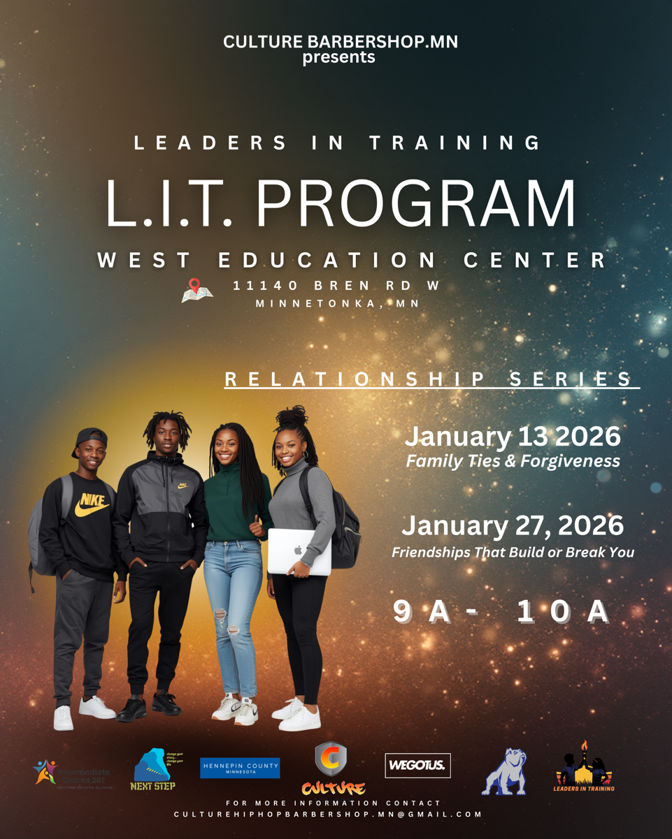 Poster for a leadership training program titled L.I.T. at West Education Center, Minnetonka, MN, featuring four young diverse students standing together with backpacks, holding a laptop, and smiling, with event details and sponsor logos at the bottom