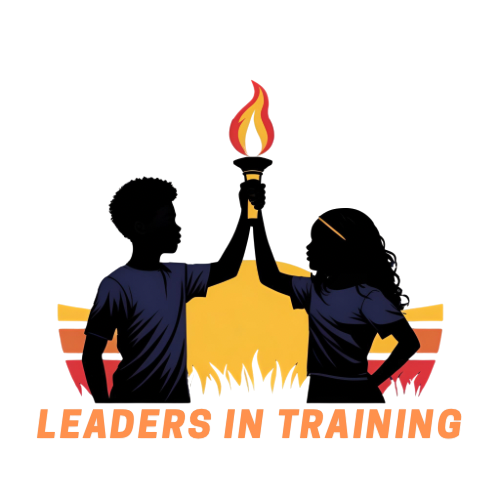 Two children silhouetted, giving each other a torch with a flame. Text reads 'Leaders in Training'.