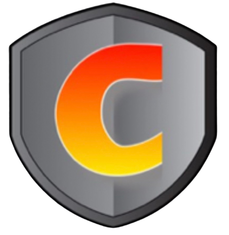 A shield-shaped emblem with a gradient 'C' letter in the center, transitioning from red at the top to yellow at the bottom.