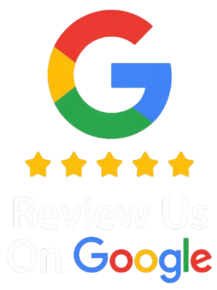 Google logo with five yellow stars, and text that says 'Review Us On Google'.