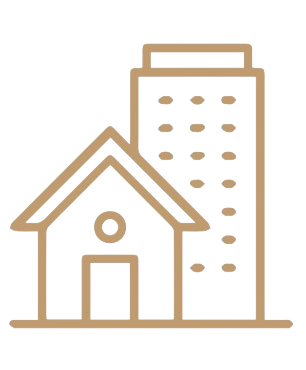 Line drawing of a house and a tall building side by side on a black background.