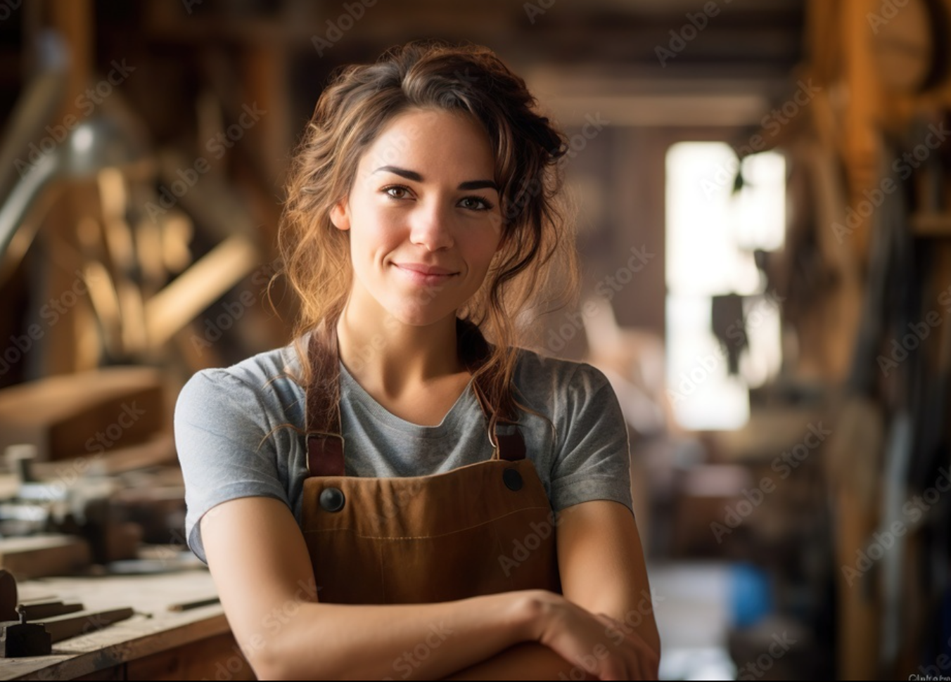 Young woman with wavy brown hair wearing a grey t-shirt and a brown apron, standing in a woodworking workshop with tools and wooden objects in the background.