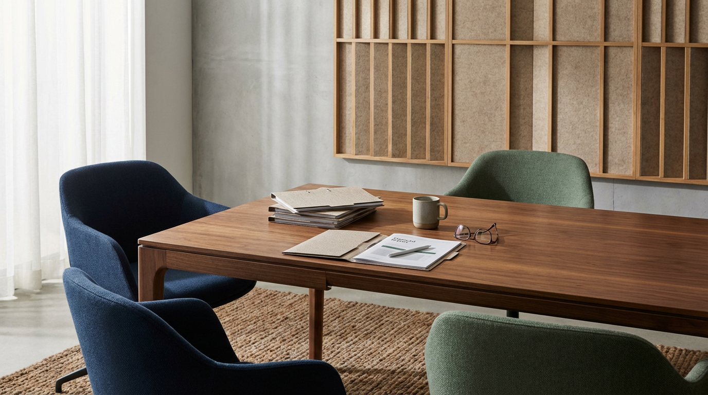 Empty conference room with a wooden table, four chairs (two green and two blue), notebooks, glasses, a coffee mug, and a pen on the table. Wooden shelving on the wall and sheer curtains on the window.