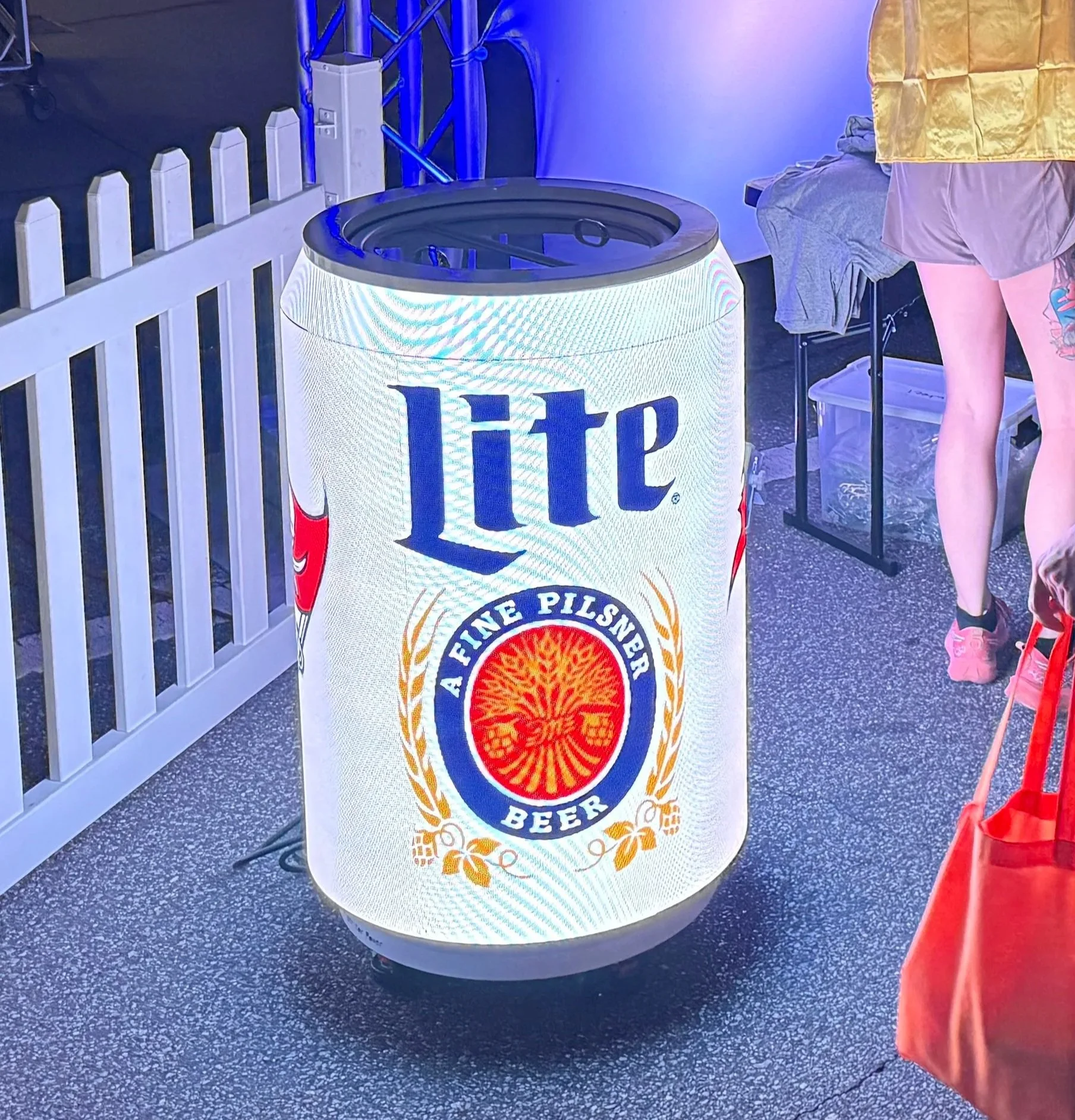 This is a refrigerated LED Display in the shape of a beverage can, placed in an activation area to draw attention of attendees, showcase product, and to keep product chilled at the proper temperature.