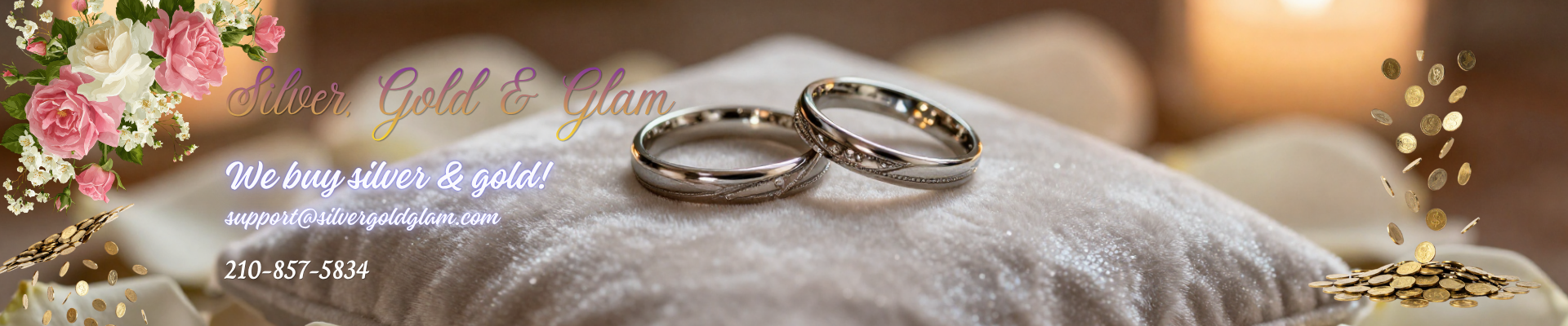 Two wedding rings, one with embedded gemstones, resting on a velvet pillow, with gold coins and a bouquet of pink and white flowers in the background, promoting Silver, Gold & Glam jewelry services.