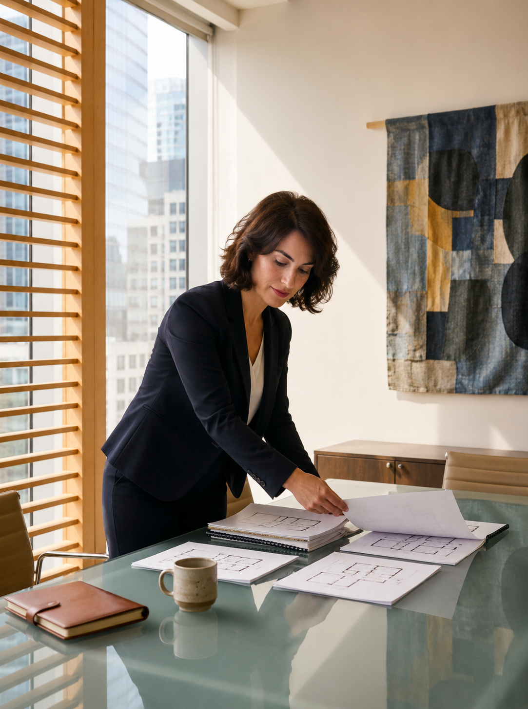 A woman in a black blazer and white shirt reviewing architectural plans on a conference table in a modern office with large windows and city views.
