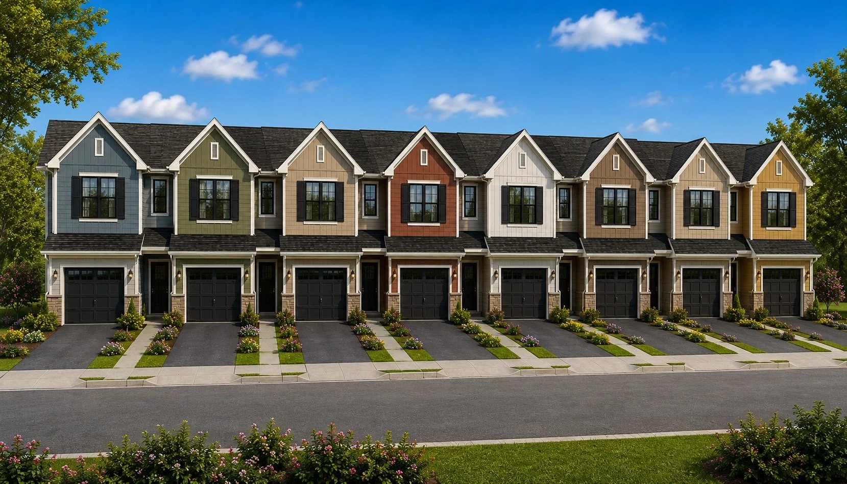 Row of colorful townhouses with attached garages and small front yards, under a blue sky with a few clouds.