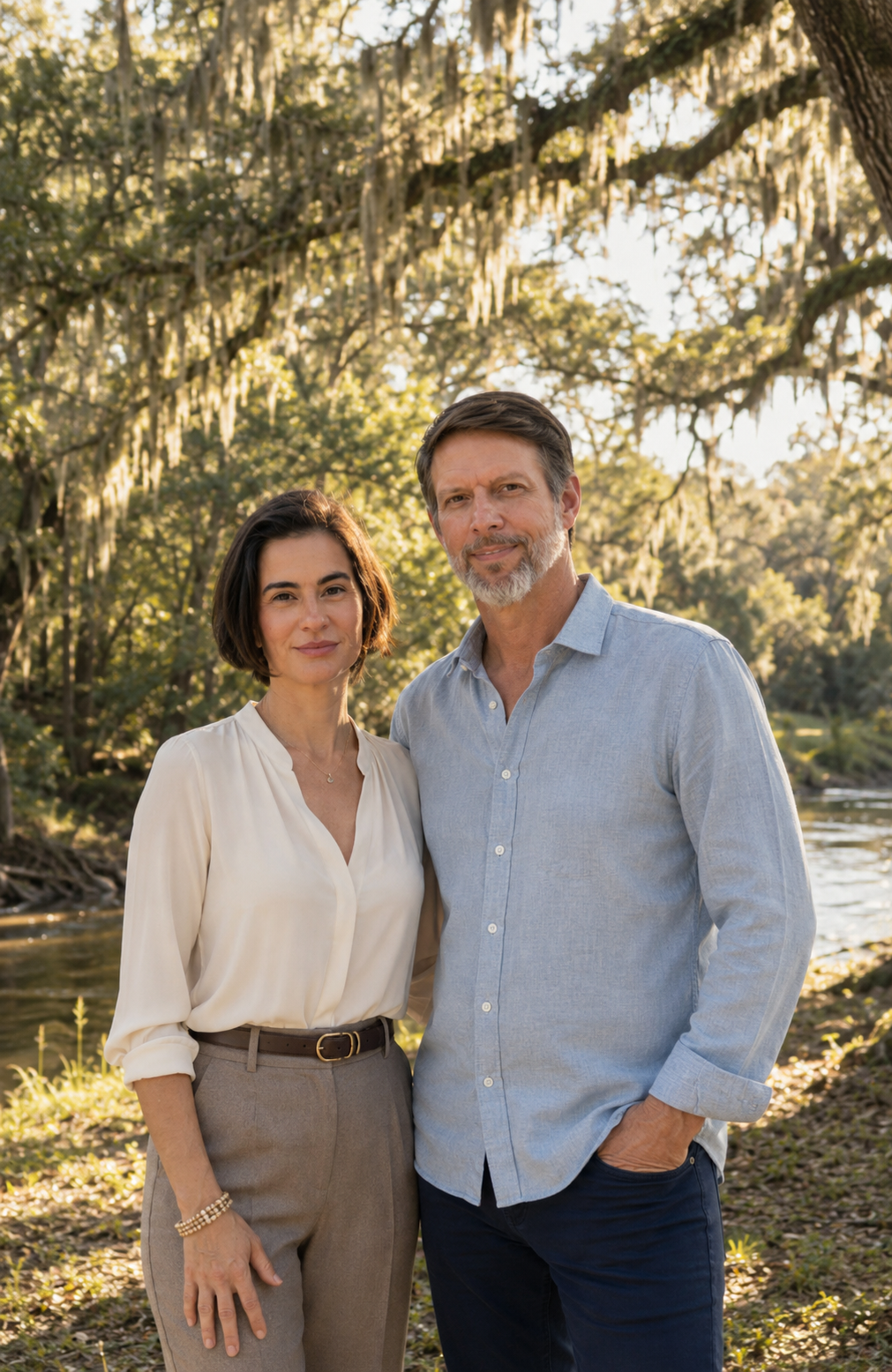 A middle-aged man and woman standing outdoors in front of a river and lush trees with Spanish moss, during sunset.
