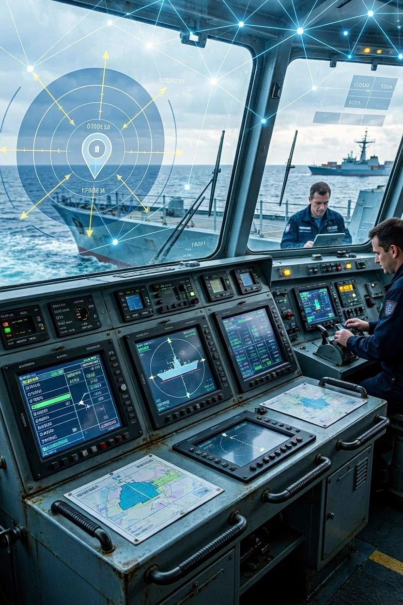 AI generated: using Artificial Intelligence solutions to transform maritime logistics operations. Use dark blue, light blue, dark gray, and yellow hues